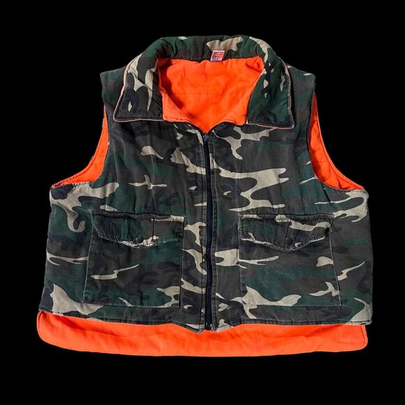 Vintage Reversible Camo Hunter Orange Puffer Vest 1980s Sports Afield Taiwan - Picture 2 of 16